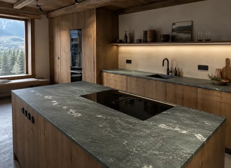 Cuisine avec îlot central et plan de travail en granit vert Verde Evo finition adoucie
